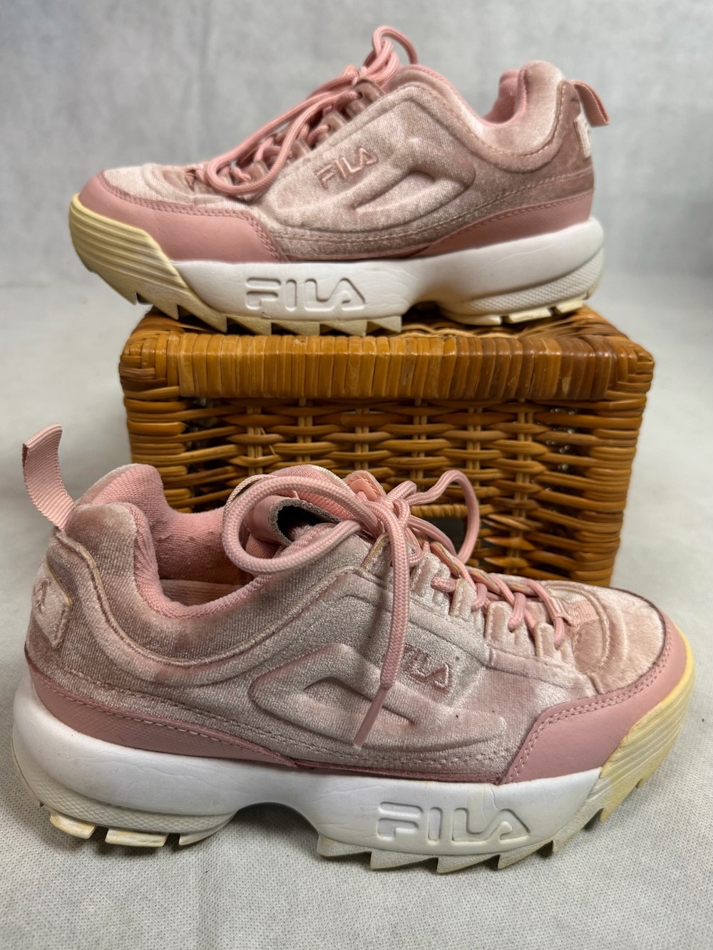 FILA Disruptor II Velvet Chunky Sneakers Baby Pink Size 7.5 Platform Dad Shoes